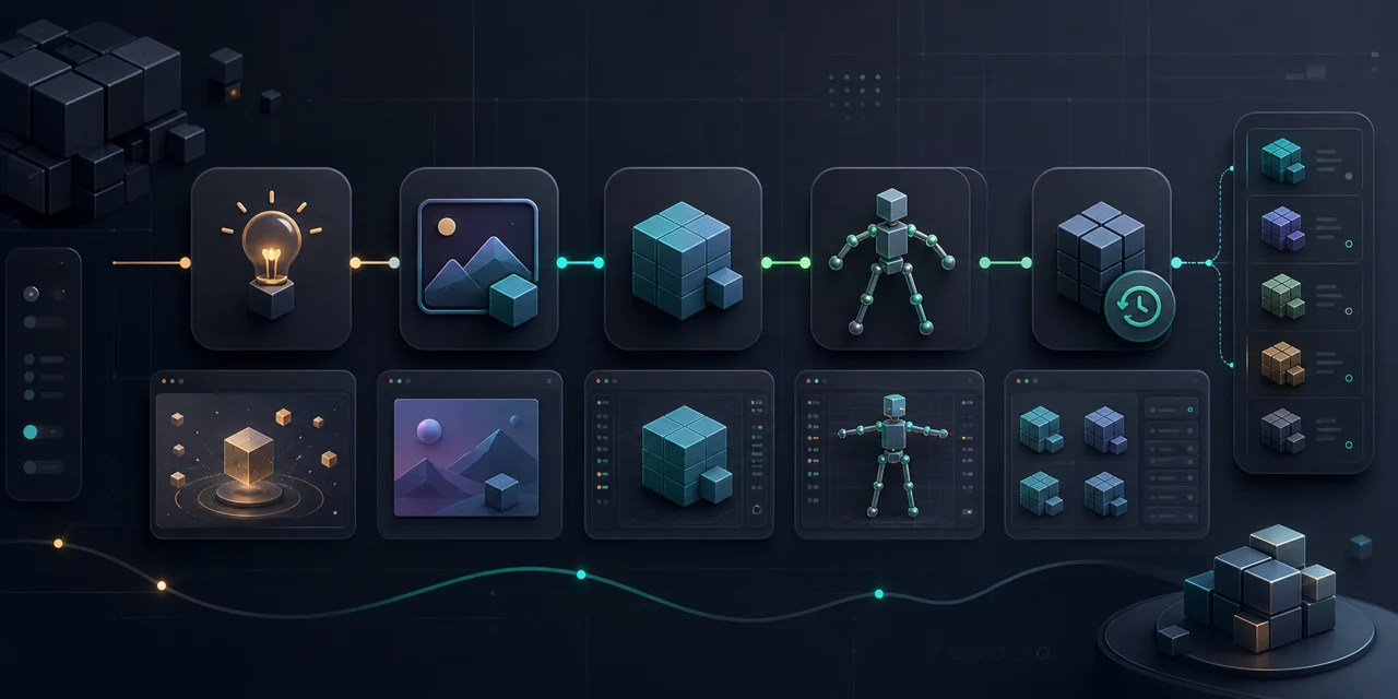 Project 3D 작업 흐름이 안내 지도처럼 연결된 3D 인포그래픽 이미지